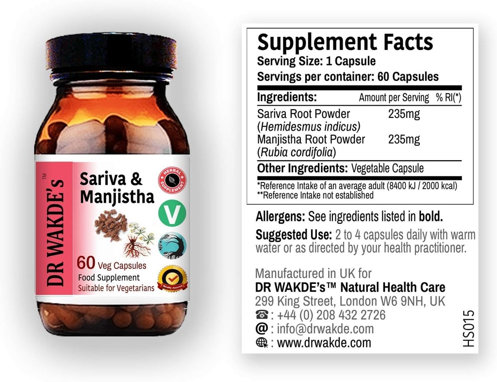DR WAKDE'S Sariva & Manjistha Capsules (60 Veg Caps, les herbes détoxifiantes, soutient la peau saine, supplément ayurvédique, végétalien, à base de plantes, tout naturel, fabriqué au Royaume-Uni)