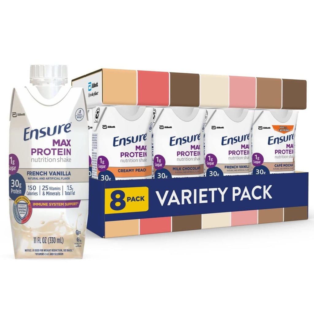 Assurez-vous que Max Protein Nutrition agite, lot de variétés, avec 30g de protéines, 1g de sucre, nutriments pour soutenir la santé du système immunitaire, Shake haute protéine, 11 fl oz, paquet de 8, liquide
