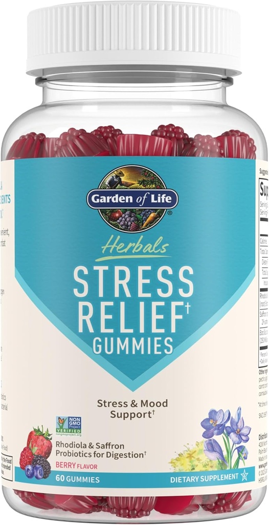 Garden of Life Herbals Stress Relief Gummy with Rhodiola & Safran for Positive Mood & Stress Response Plus Prébiotiques et probiotiques pour le soutien digestif – Non-OGM, sans gluten, Kosher, 30 portions