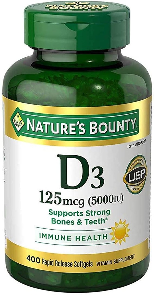 Nature's Bounty Immune Santé Vitamine D3 5000 iu, libération rapide 400 Softgels