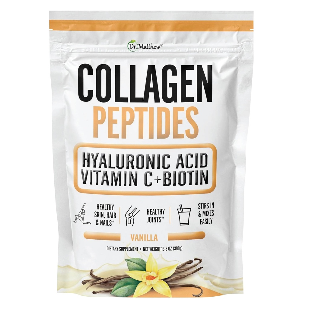 Matthew Vanilla poudre de protéines collagènes avec acide hyaluronique, vitamine C et biotine pour cheveux, peau, ongles, articulations. Keto, type 1 et 3.