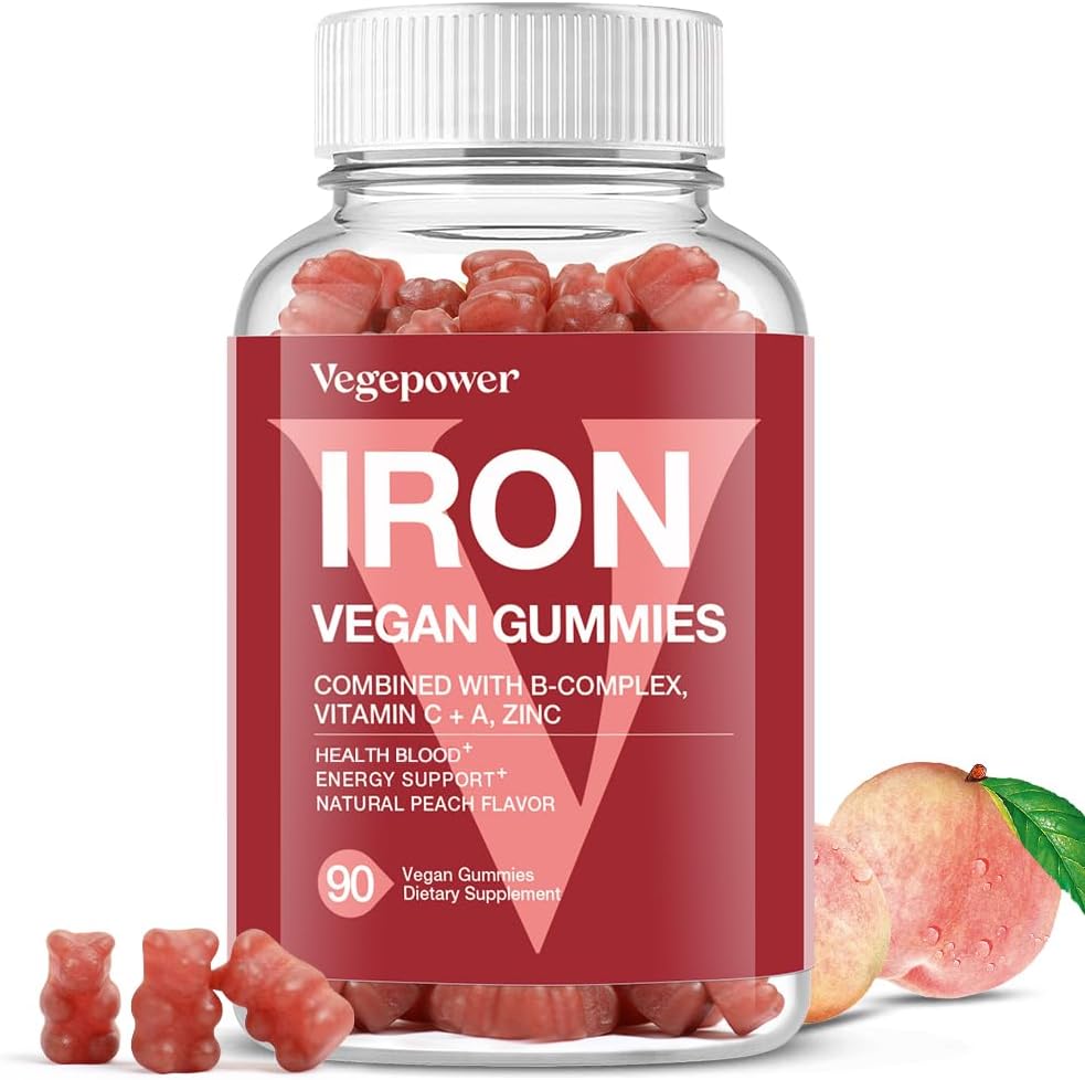 Supplément de gommies de fer végétalien - avec vitamine C, A, complexe B, folate, zinc pour les adultes et les enfants - Santé du sang et de l'énergie pour le déficit en fer, l'anémie, non après le goût - Peach Flavor (90 Ct)