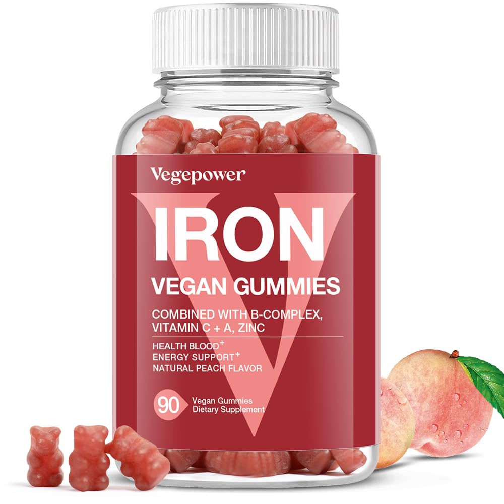 Supplément de gommies de fer végétalien - avec vitamine C, A, complexe B, folate, zinc pour les adultes et les enfants - Santé du sang et de l'énergie pour le déficit en fer, l'anémie, non après le goût - Peach Flavor (90 Ct)