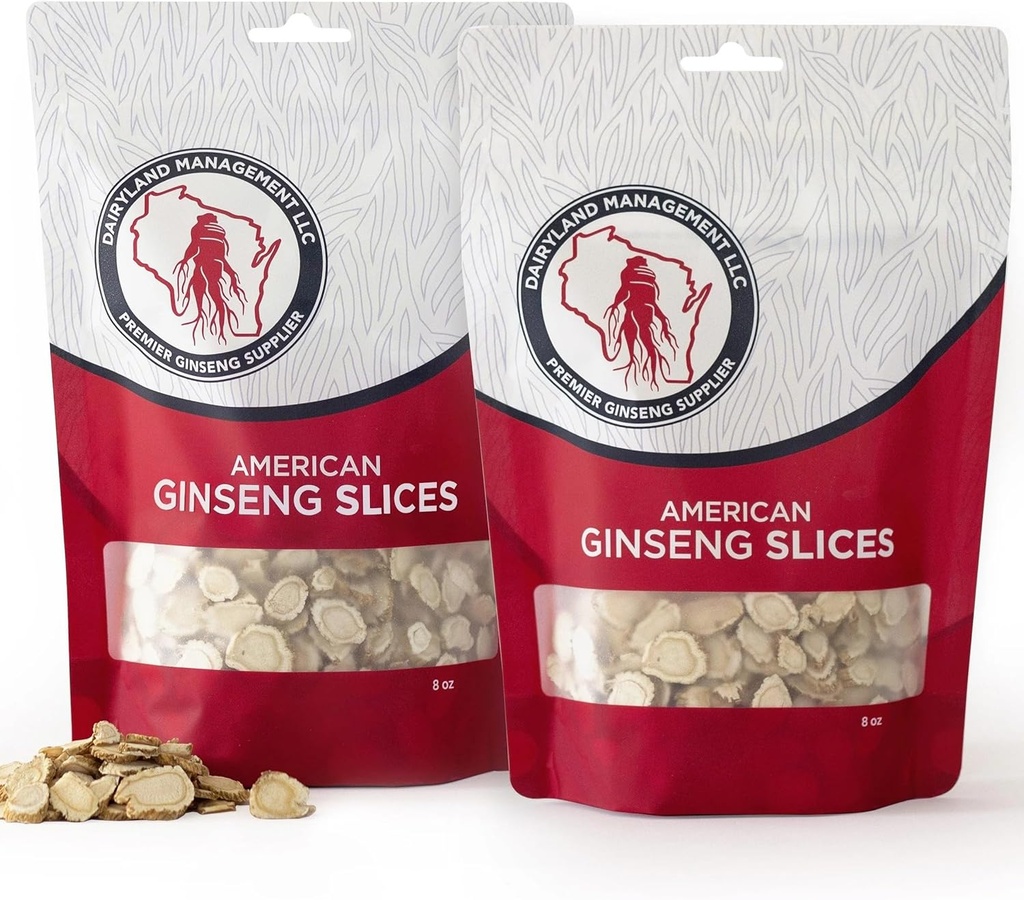 Dairyland American Ginseng Slices - 16 oz Pack Wisconsin Ginseng Slices – Certifié quelque chose de spécial du Wisconsin - Non-OGM, Racine sans gluten - Supplément à base de plantes dans la soupe, thé, congee