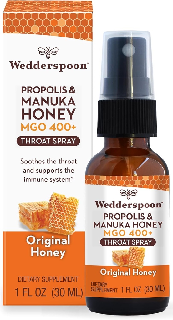 Wedderspoon Propolis and Manuka Honey Throat Spray, Original Honey, 1 Fl Oz (paquet de 1), Mal de gorge, Natural Immmune Support