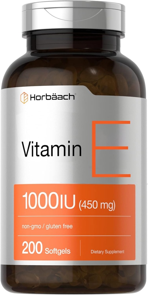 Horbäach Vitamine E 1000 UI Capsules de softgel (en anglais seulement) 200 Nombre (en anglais seulement) Non-OGM, sans gluten, sans conservateur (en anglais seulement) Huile de vitamine E