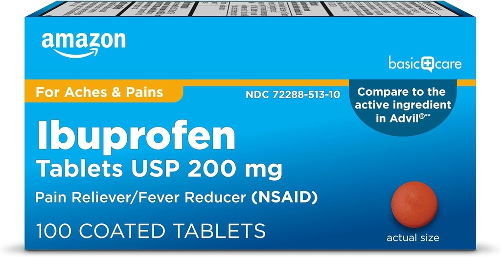 Amazon Basic Care Ibuprofen Comprimés 200 mg, analgésique/réducteur de fièvre, 100 Compte (l'emballage peut varier)