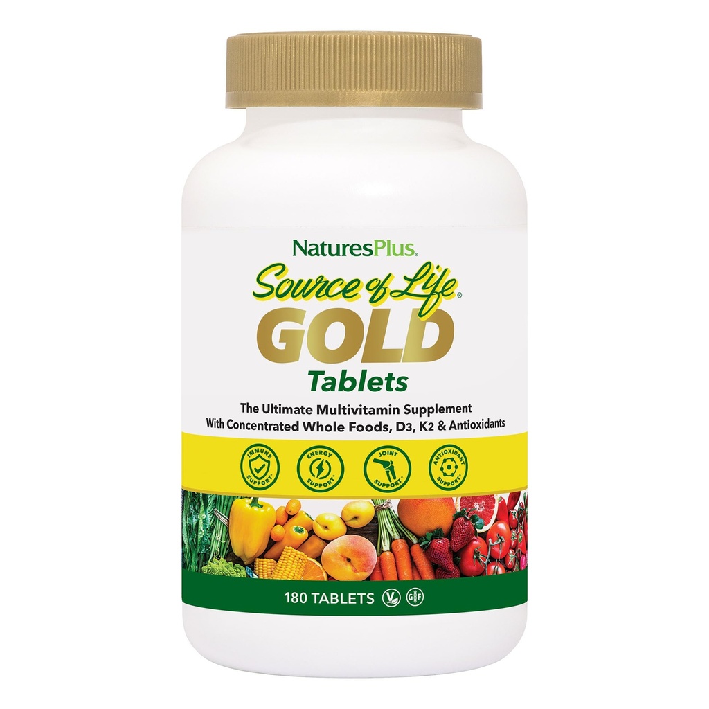 NaturesPlus Source de vie Multivitamines d'or - 180 comprimés - avec des vitamines D3 et B12 - Soutien du sang, des os et des immunes - Végétarien et sans gluten - 60 portions
