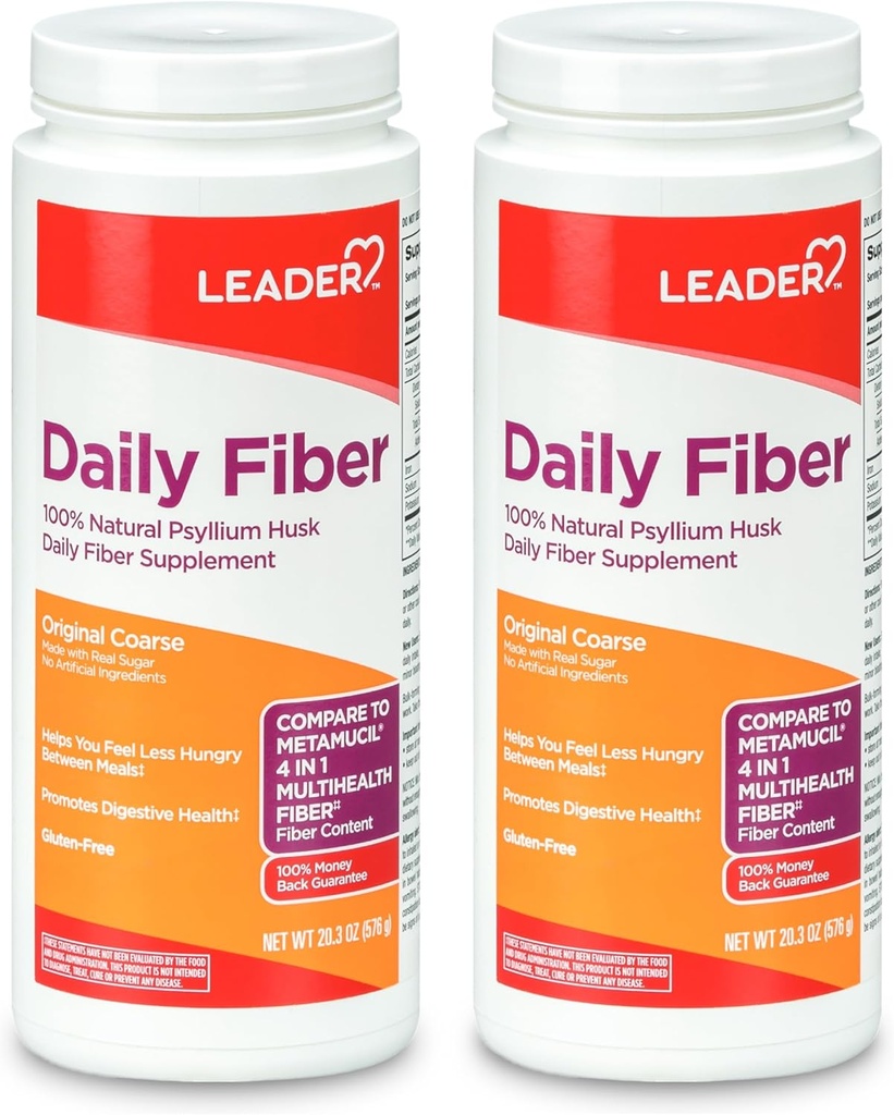 LEADER Psyllium Husk Supplément en poudre 4-en-1 Fibre pour la santé digestive, base végétale 100% naturel Psyllium Husk Fibre quotidienne, sans gluten, non-OGM, Comparer au métamucil 20.3 OZ (paquet de 2)