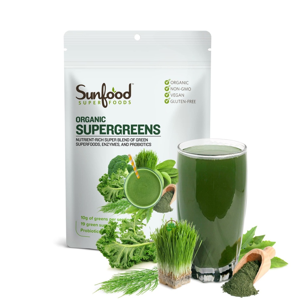 Sunfood Superfoods Mélange de Supergreens bio - Poudre de Superfood Verts, Poudre de jus vert quotidien, Smoothie Légume Mélanger avec Chlorella, Spiruline, Alfalfa, Kale, et plus - 8 oz Sac