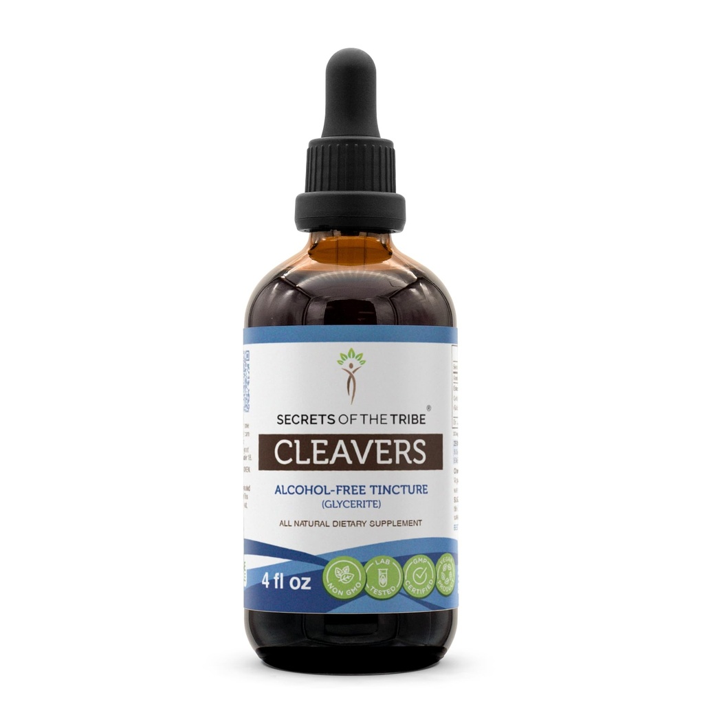 Secrets de la Tribe Cleavers Teinture Extrait liquide sans alcool, Cleavers (Galium aparine) Herbe séchée (4 FL OZ)
