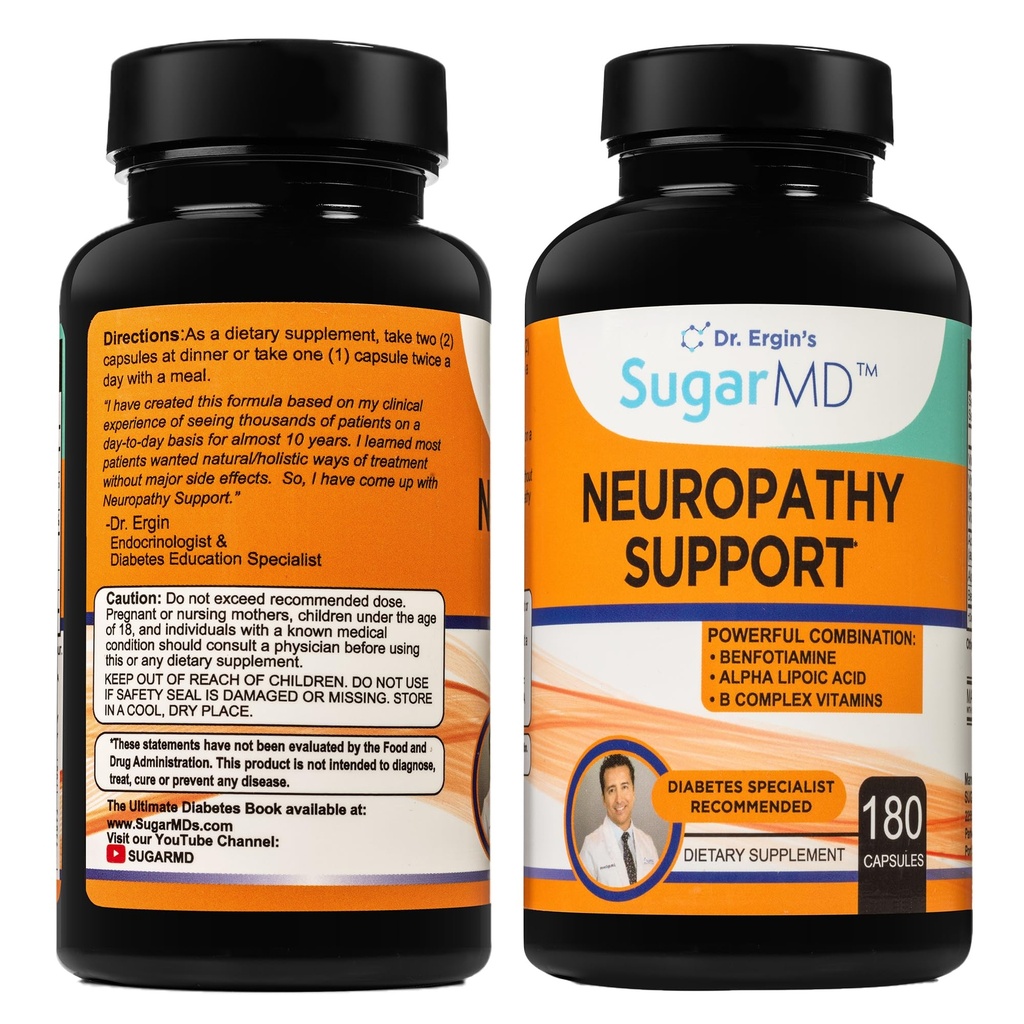 Supplément de soutien à la neuropathie de sucreMD – 180 capsules de supplément de nerve avec acide alpha lipoïque, Benfotiamine et vitamine D3 B6 B12 - Supplément de soutien de nerve pour les pieds doigts et jambes - 90 jours d'approvisionnement