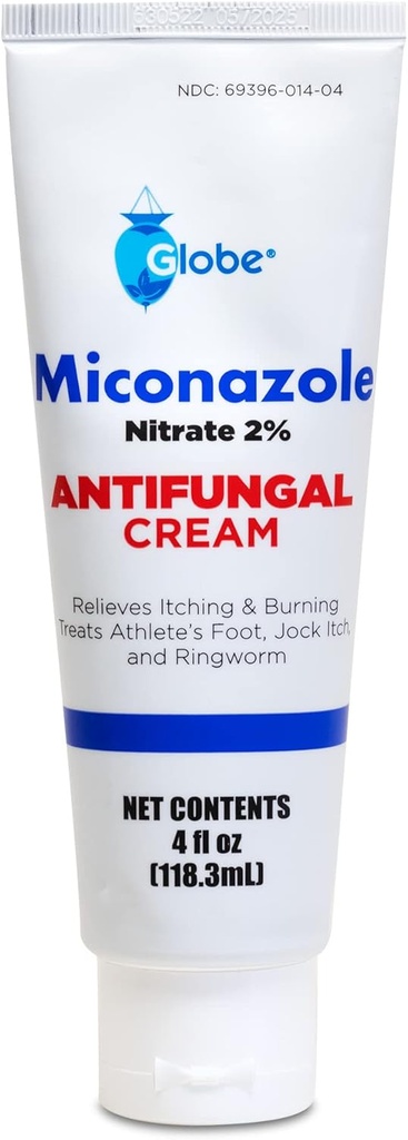 Globe Miconazole Nitrate 2% de crème antifongique topique (4 oz de tube) pour les athlètes Foot, Jock Démangeaison, Ringworm Fast-Acting Relief - Formule de force supplémentaire pour les démangeaisons, l'irritation et la protection de la peau