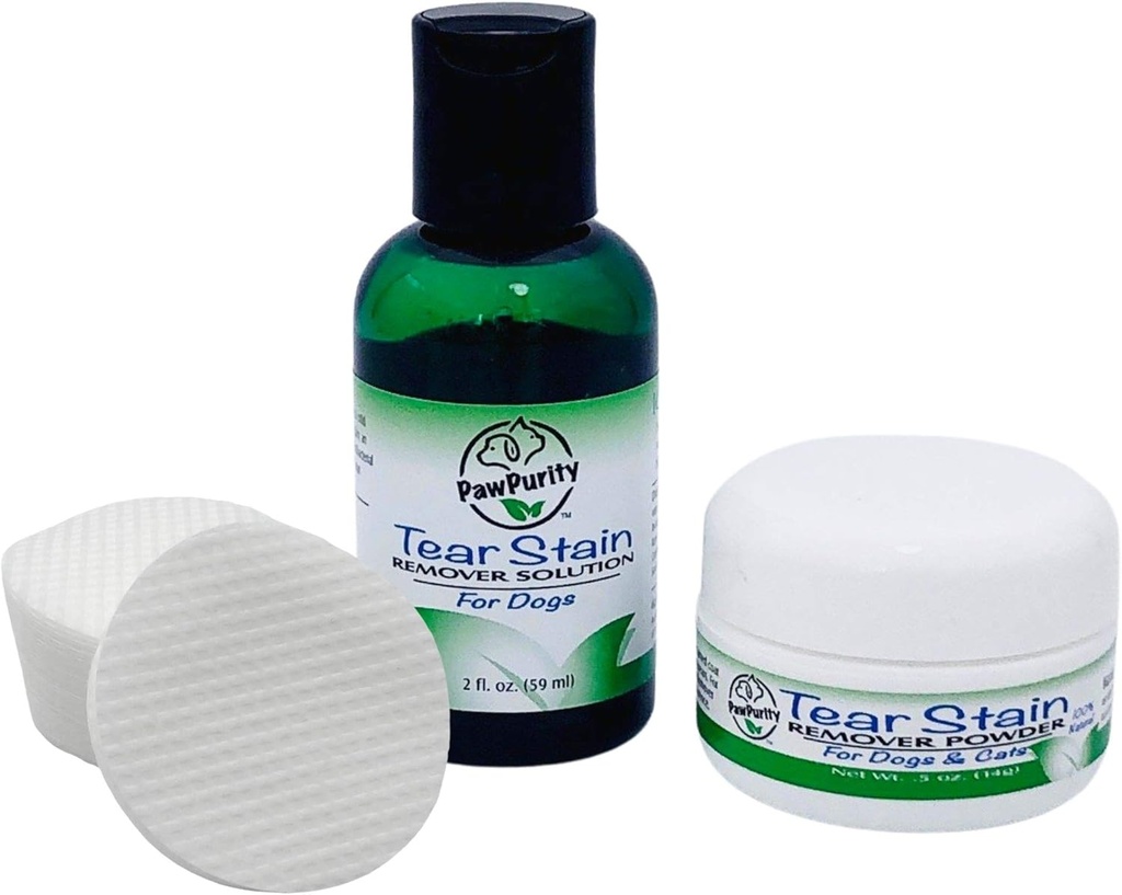 PawPureity Tear Stain Remover Kit d'entrée pour chiens Comprend la solution d'élimination de la tear 2 oz, poudre .5 oz et 30 tampons d'application