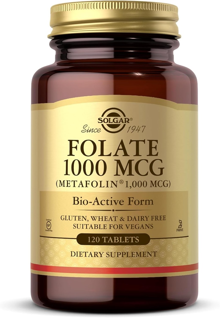 Solgar Folate 1000 mcg - 120 comprimés - 1000 mcg Bio-Active Métafoline - Vegan, sans gluten, sans laiterie, casher - 120 portions