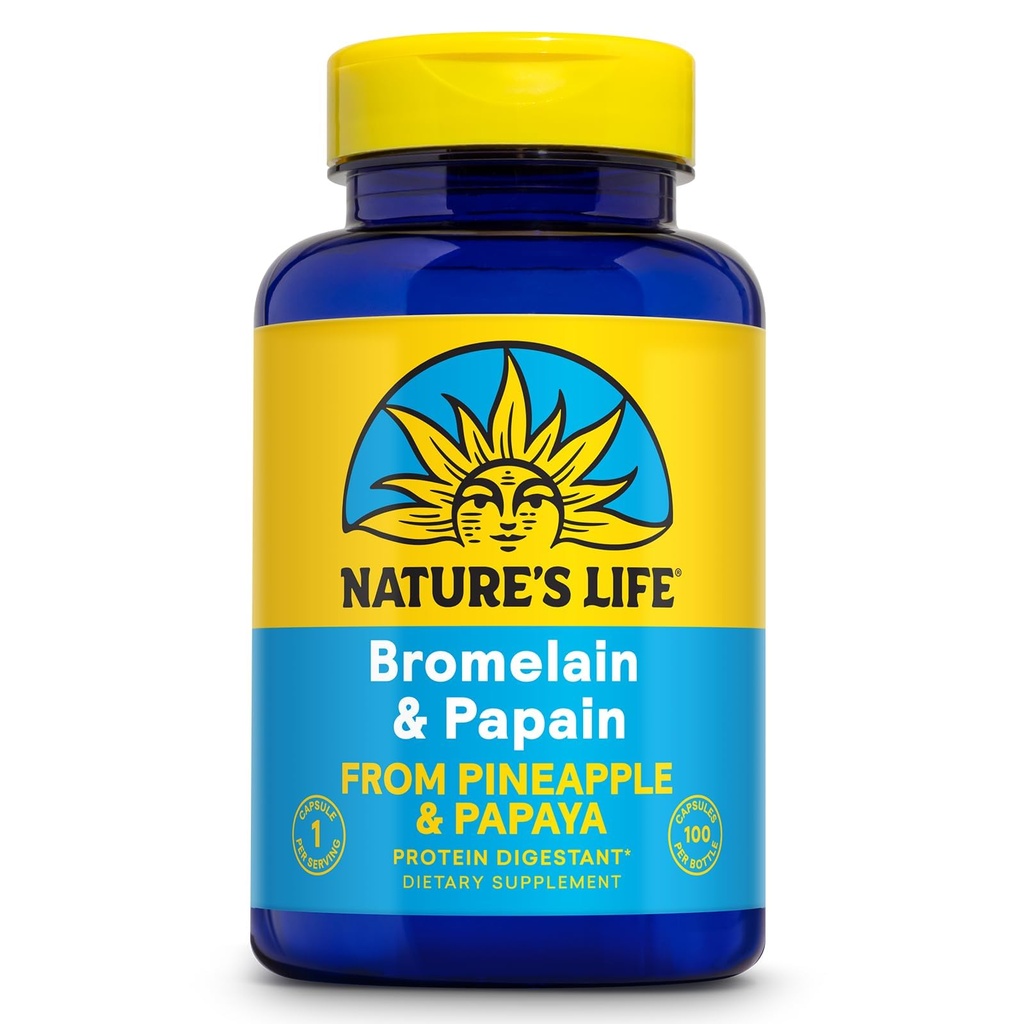 Nature's Life Bromelain & Papain-Enzymes protéolytiques pour le soutien digestif et le confort de l'ananas & Papaya-250mg Ea-100 Capsules végétariennes