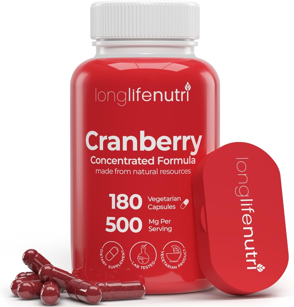 LongLifeExtrait de canneberge Nutri avec vitamine C & E - formule concentrée pure, 500mg par portion, 180 Capsules végétariennes, santé du trac urinaire et bardeur, 6 mois d'approvisionnement, fabriqués aux États-Unis