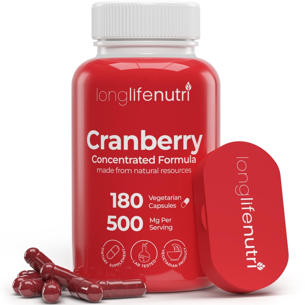 LongLifeExtrait de canneberge Nutri avec vitamine C & E - formule concentrée pure, 500mg par portion, 180 Capsules végétariennes, santé du trac urinaire et bardeur, 6 mois d'approvisionnement, fabriqués aux États-Unis