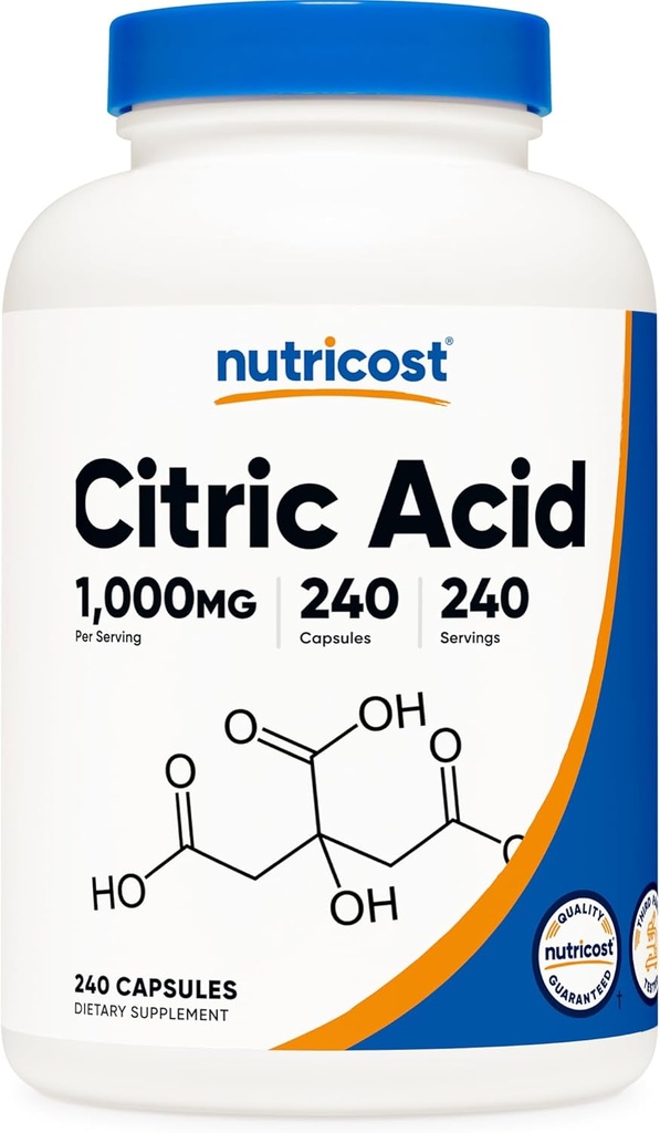 Acide citrique Nutricost 1000mg (1 gramme), 240 Capsules - Sans gluten, sans OGM