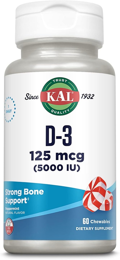 KAL Vitamin D3 5000 IU 125 mcg, High Potency Vitamin D Chewables, Calcium Absorption, Bone Health and Immune Support Supplement, Natural Peppermint Flavor, 60-Day Guarantee, 60 Servings, 60 Chews