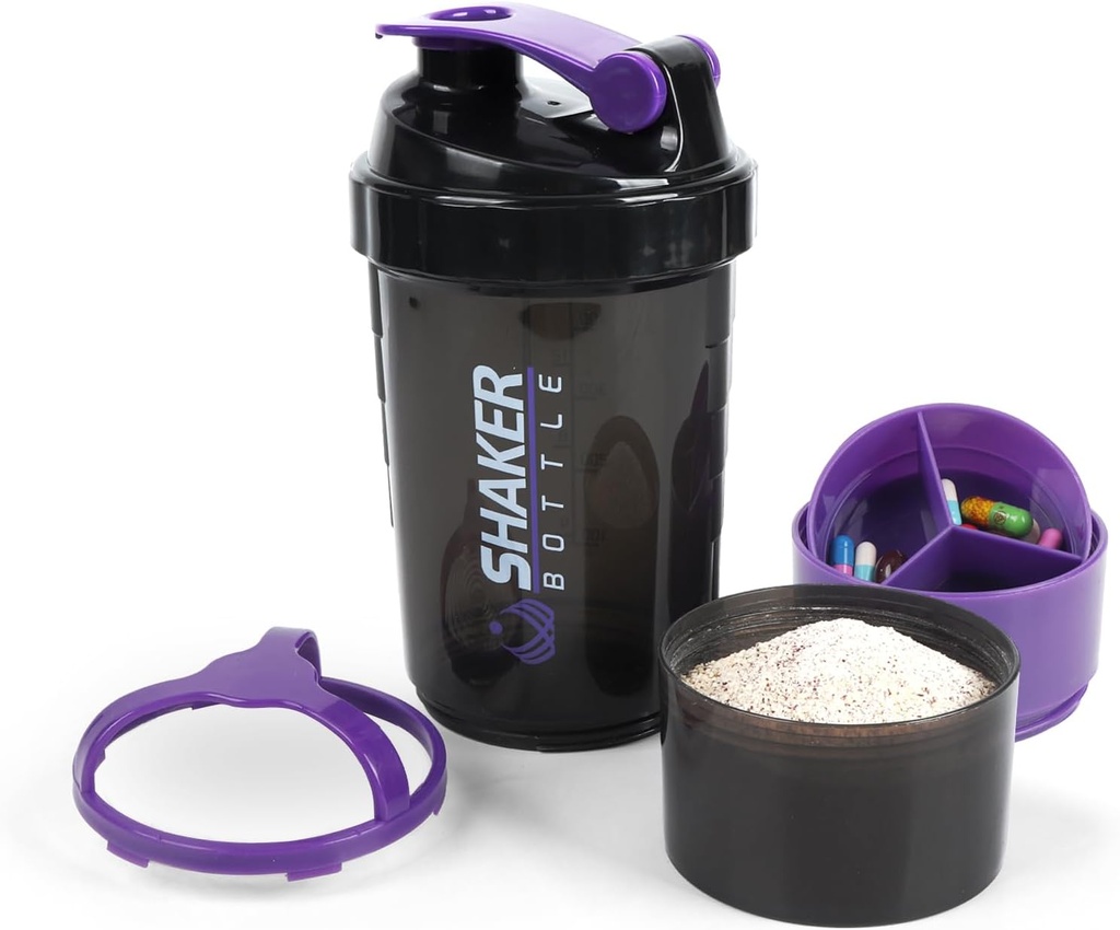 Bouteille de Shaker - Protein Shaker Cup avec compartiments de rangement - Bouteilles de Shakeout étanches avec mélangeur pour mélange lisse-500ML/16oz (PURPLE & BLACK)