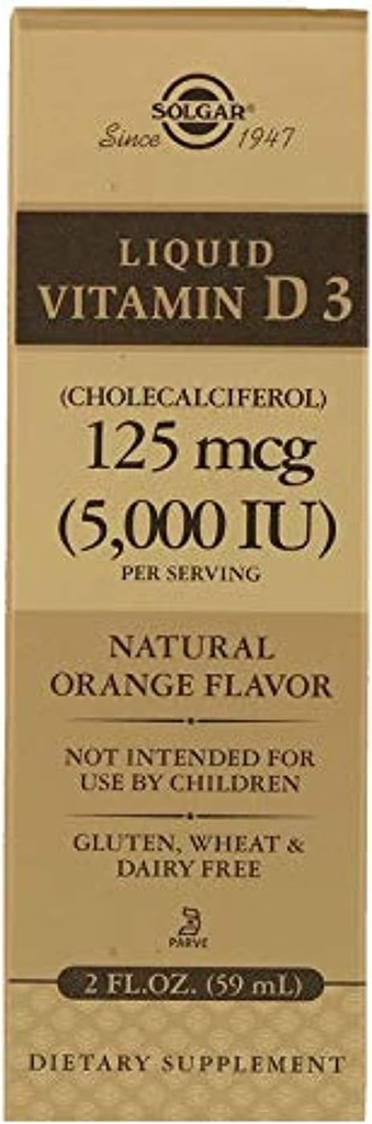 Solgar Vitamine liquide D3 125 mcg (5 000 UI) - 2 fl oz - Delicious, Natural Orange Flavor - Aide à maintenir des os et des dents sains - Système immunitaire - Sans gluten, sans lait, sans casher - 59 portions