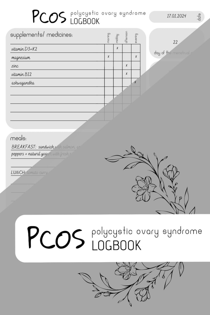 PCOS LOGBOOK: Suppléments Tracker, Planificateur de repas, Périodicité Tracker, 150 pages, 6x9 in, Design minimaliste