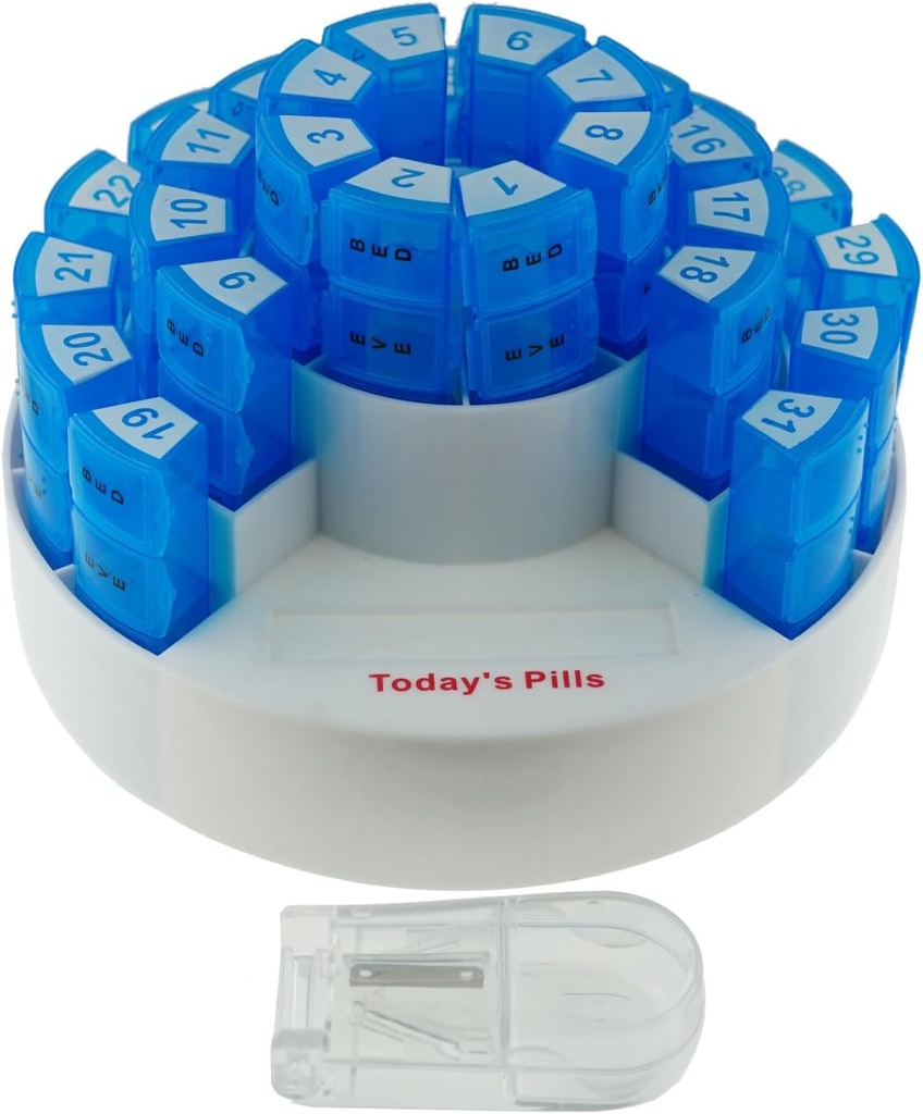 Deke Home - 31 jours Monthly Pill Organizer XL avec Pill Cutter, BPA-Free, 4 fois par jour (AM PM), Grande boîte à pilules pour plusieurs doses quotidiennes, Compartiments amovibles, Distributeur de voyage cas dur