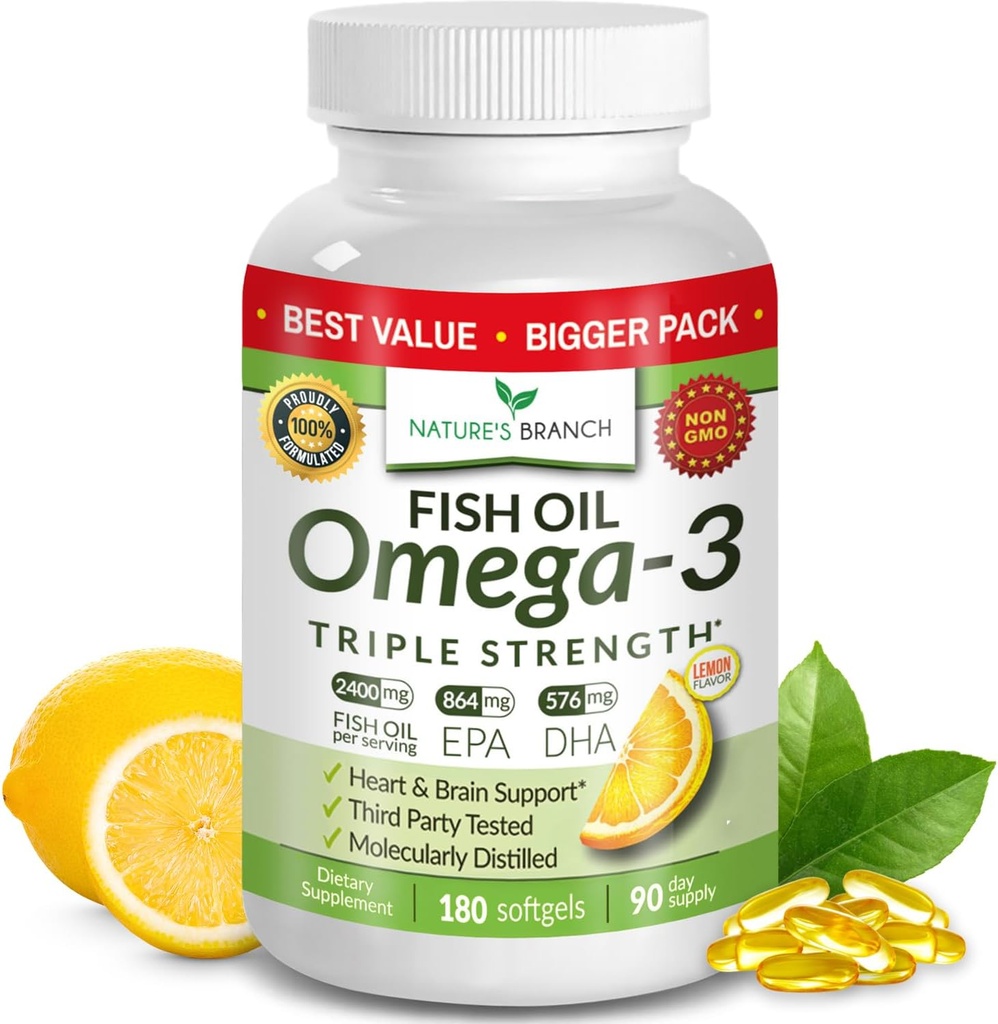 Best Triple Strength Omega 3 Pilules d'huile de poisson - 180 Capsules - 2400mg Flaveur de citron sans bourrelet de haute puissance 864mg EPA 576mg DHA Softgels liquides ultra purs pour les articulations du cerveau