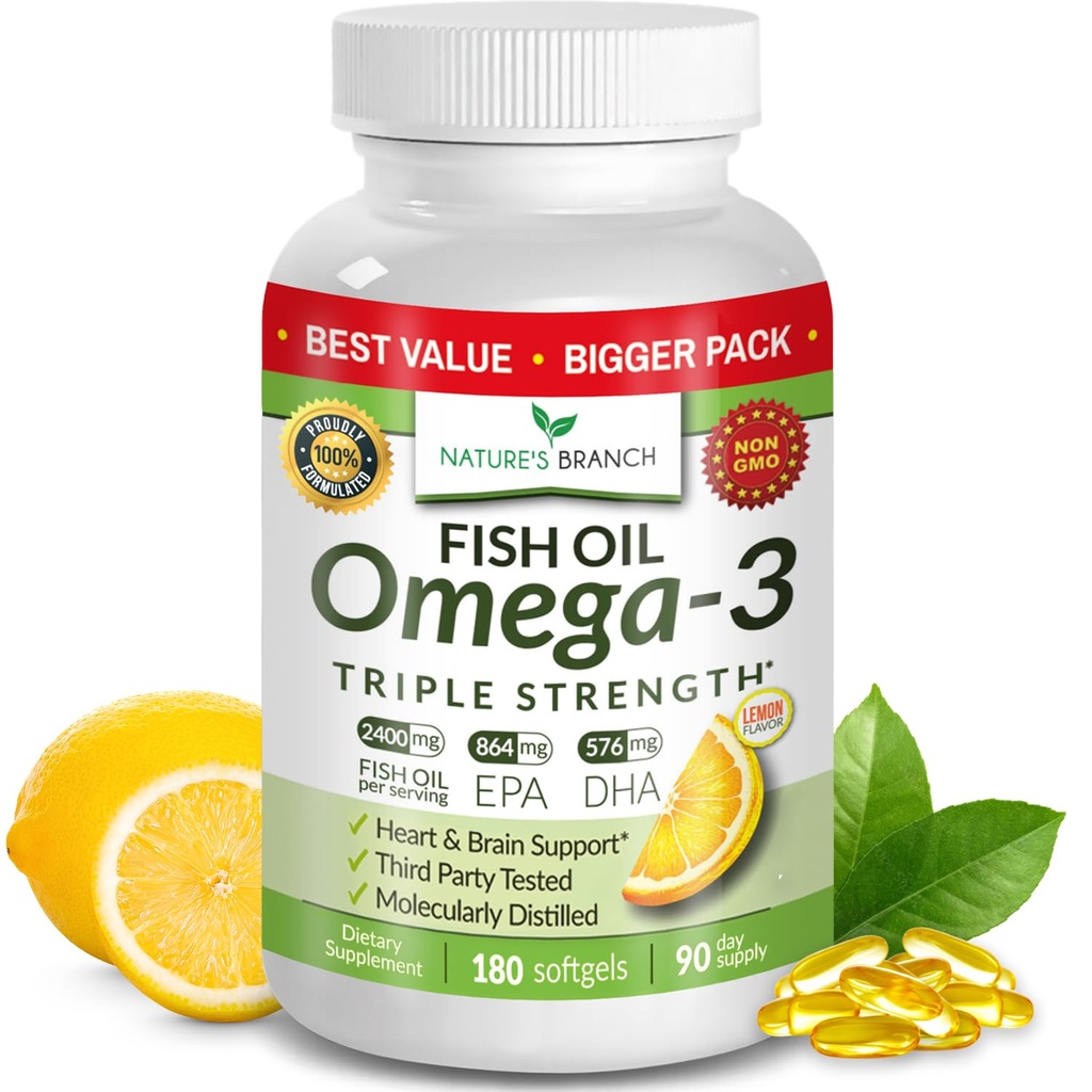 Triple Strength Omega 3 Fish Oil Supplements 2400mg | 180 Capsules, Burpless High Potency Lemon Flavor, High EPA DHA for Men & Women Ultra Pure Softgels | Joint Support, Eyes, Heart Brain Health Pills
