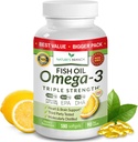 Best Triple Strength Omega 3 Pilules d'huile de poisson - 180 Capsules - 2400mg Flaveur de citron sans bourrelet de haute puissance 864mg EPA 576mg DHA Softgels liquides ultra purs pour les articulations du cerveau
