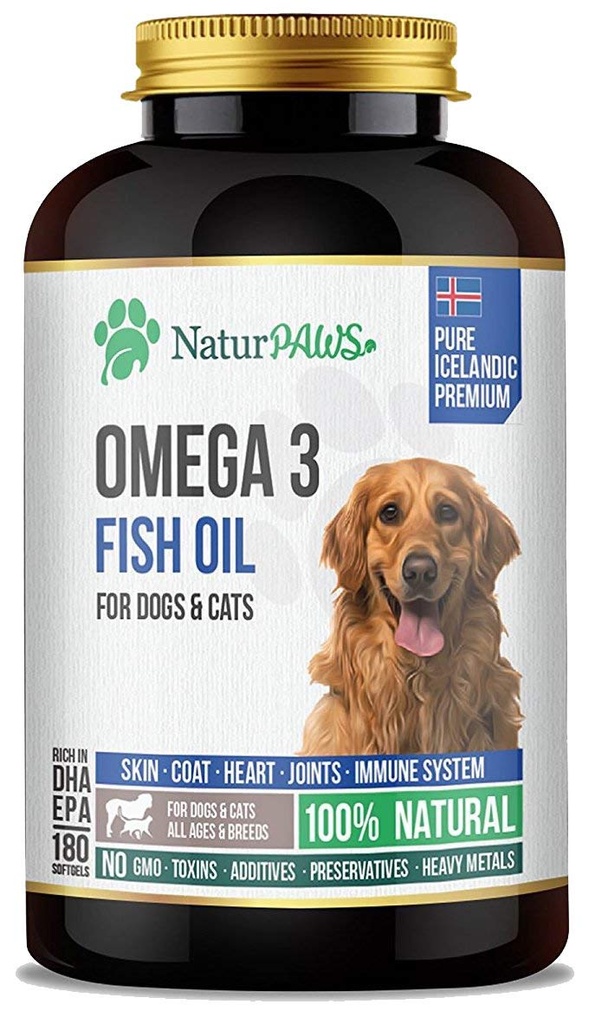 Supplément d'huile de poisson Omega 3 pour chiens et chats - 1000 mg Pure DHA et EPA Omegas - Soutient une peau et un manteau sains, coeur, système immunitaire, articulations et hanche - 180 softgels
