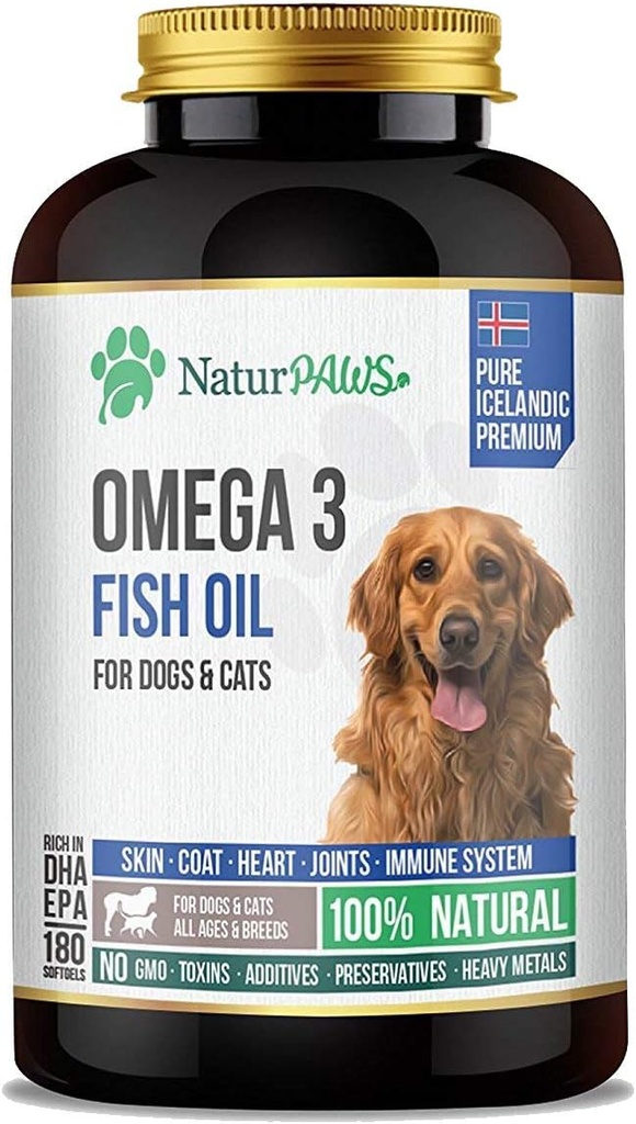 Supplément d'huile de poisson Omega 3 pour chiens et chats - 1000 mg Pure DHA et EPA Omegas - Soutient une peau et un manteau sains, coeur, système immunitaire, articulations et hanche - 180 softgels