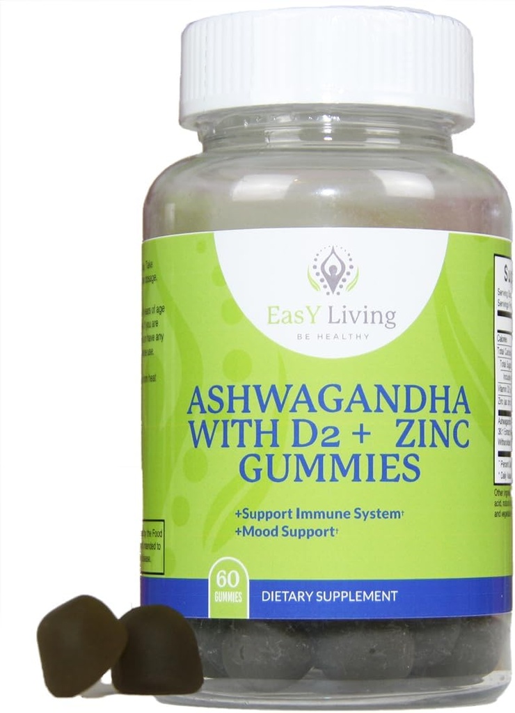 Ashwagandha 1500mg VitaminD2 200mcg Zinc 4mg Gummies pS for Stress Relief & Immune System Support|Vegan Non-GMO Gluten Gelatin Free|60 Count
