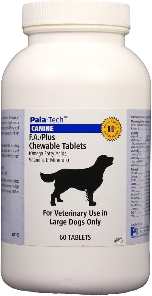 Pala-Tech FA Plus Tables pour grands chiens - Supporte le soulagement de la peau, du manteau et de l'allergie - Vitamines et suppléments pour chiens avec acides gras oméga-3 et 6 - 60 Ct, goût de boeuf rôti
