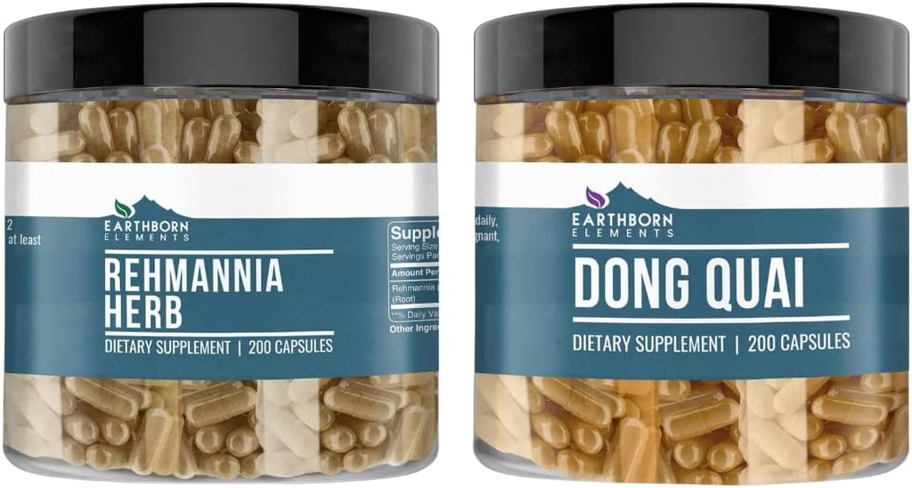 Éléments terriens Rehmannia Herb et Dong Quai Bundle, 200 capsules chacune, pure et non diluée, sans additifs