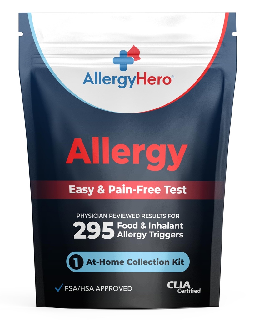 AllergyHero Kit de test complet d'allergie alimentaire et environnementale avec 295 déclencheurs pour adultes et enfants – Kit de test d'allergie facile et sans douleur à domicile avec des résultats précis
