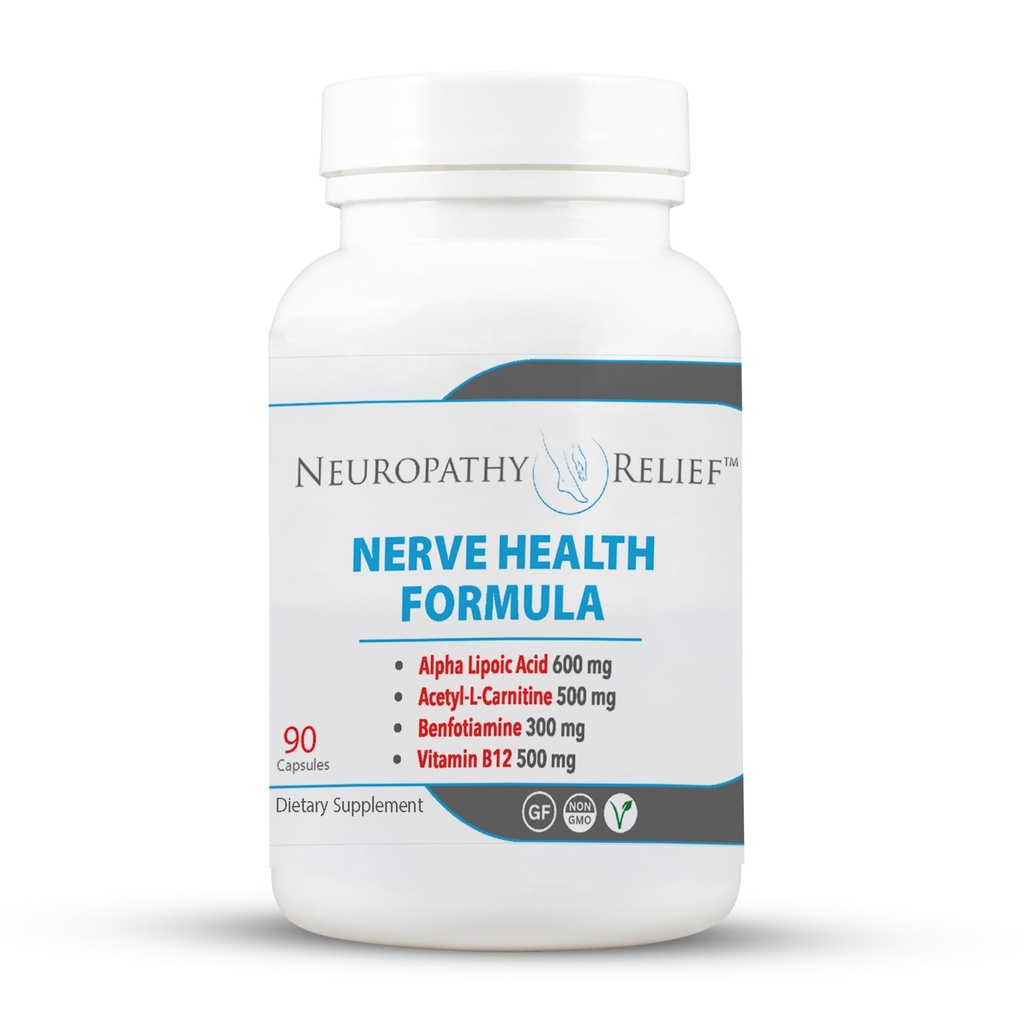 Neuropathy ReliefTM Nerve Health Formula - Support avancé avec acide lipoïque alpha, acétyl-L-Carnitine, Benfotiamine et Vitamine B12-90 Capsules