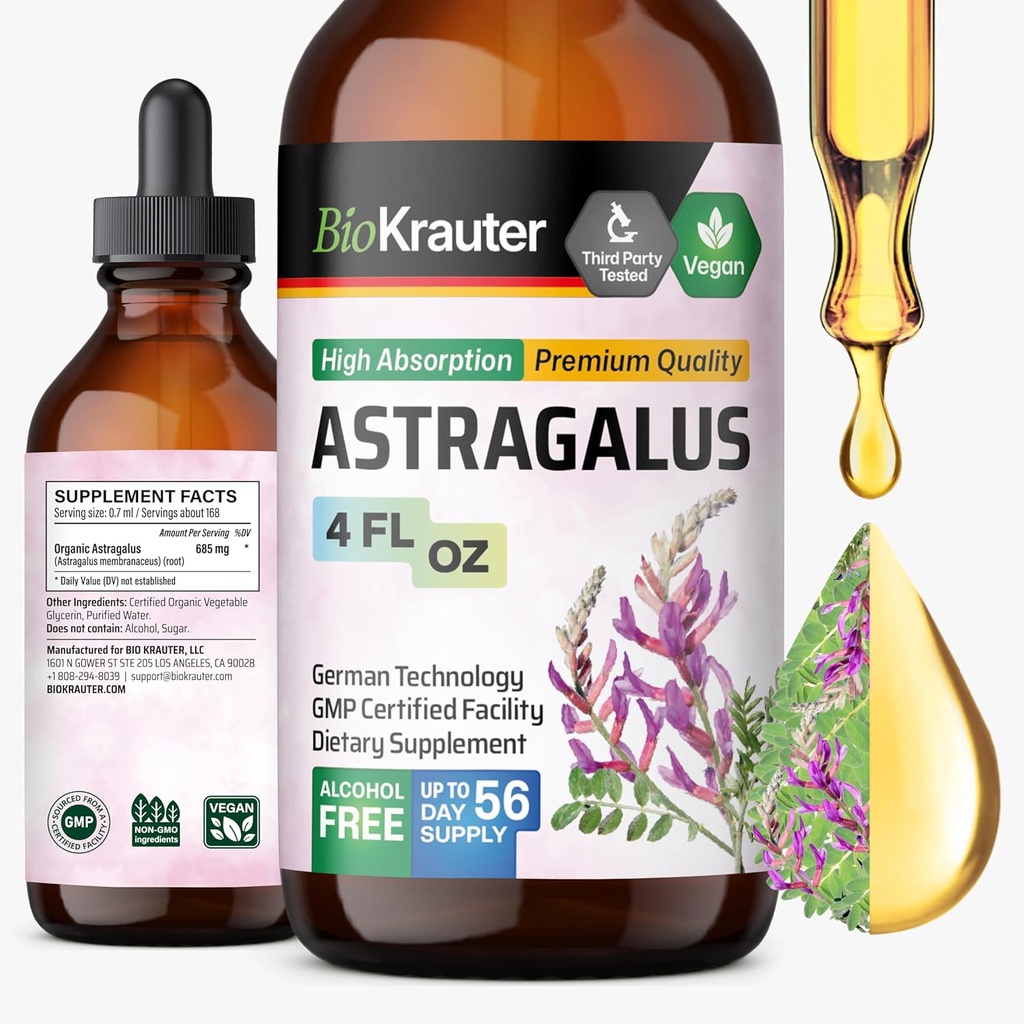 BIO KRAUTER Astragalus Teinture - Extrait de racine d'Astragalus pour le soutien immunitaire - Sans alcool et sans sucre - Haute absorption - gouttes véganes 4 Fl.Oz.