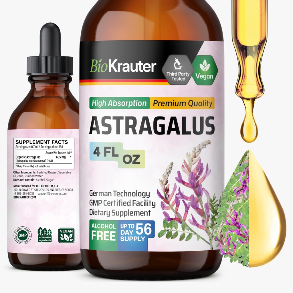 BIO KRAUTER Astragalus Teinture - Extrait de racine d'Astragalus pour le soutien immunitaire - Sans alcool et sans sucre - Haute absorption - gouttes véganes 4 Fl.Oz.