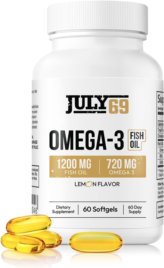 Omega 3 Huile de poisson - 1200 MG Huile de poisson, 720 MG Omega 3, Lemon Flavor, 60 Softgels, Natural EPA-DHA Softgels pour la force et la santé, haute puissance, soutien pour les femmes et les hommes