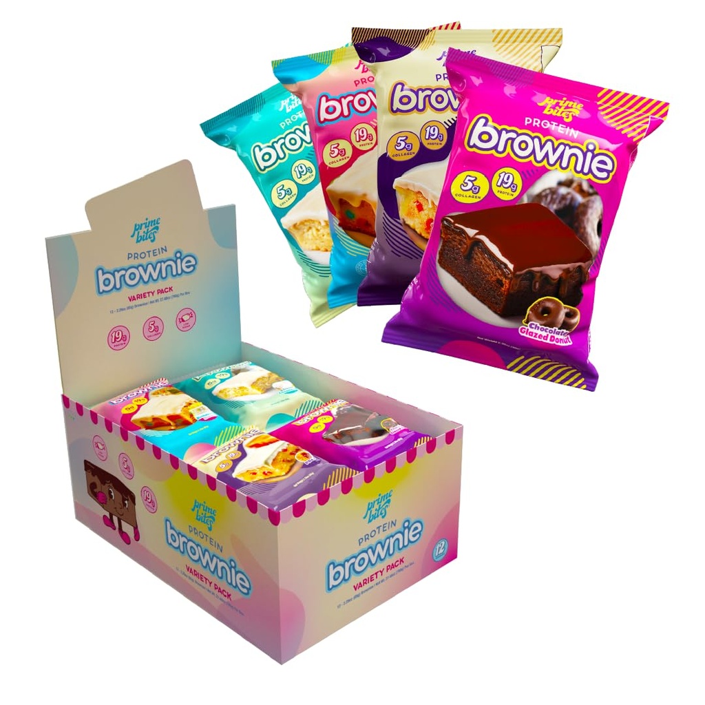 Prime Bites High Protein Brownie (12 Per Box, Variety Pack) - 19g of Protein, 5g of Collagen, Gluten Free, Low Sugar Treat, Delicious Protein Snack