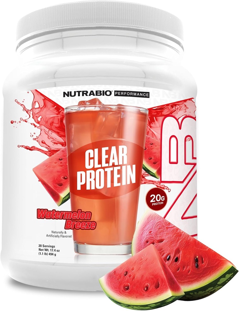 NutraBio Clear Protein Powder, Watermelon Breeze - 20 Servings, 20g Clear Whey Protein Isolate, 0 Sugar, 0g Lactose, Refreshing Fruit Flavors, GLP1 Support -Bone Health - Muscle Post Workout Recovery
