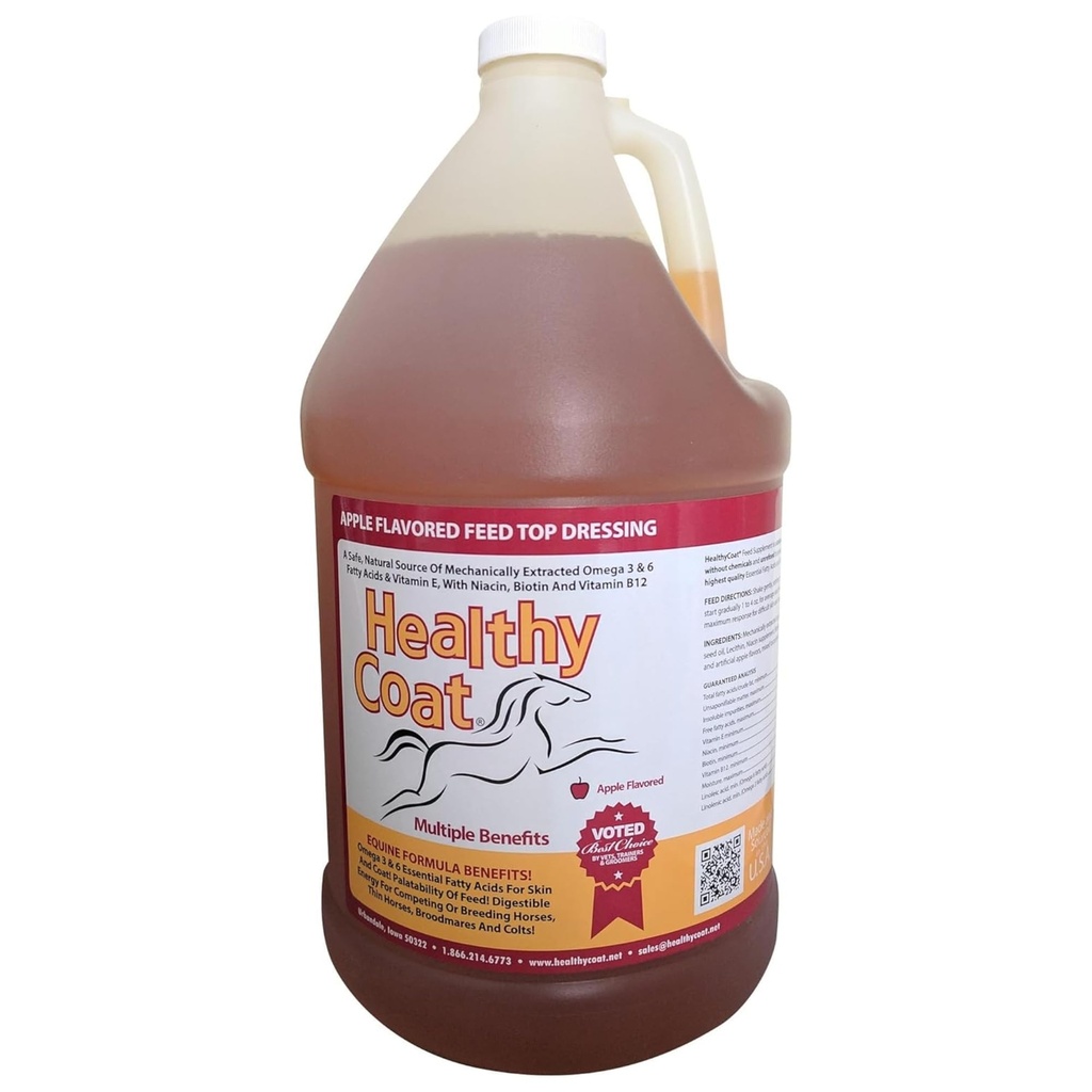 Supplément pour les chevaux : Gallon. Peau, manteau, état du corps, performance, allergies, système immunitaire, toit, joint, acides gras oméga 3 et 6.