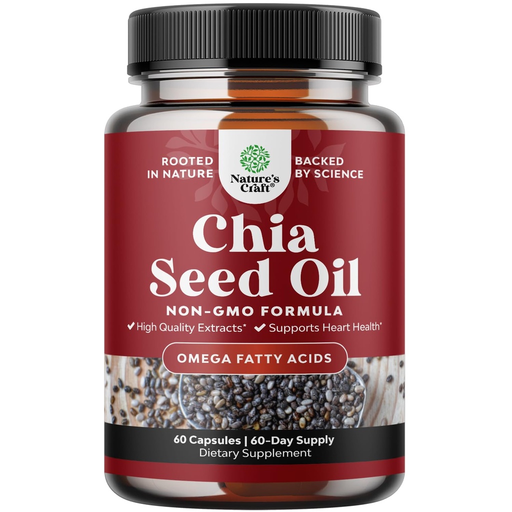 Capsules d'extraction d'huile de graines de chia - Omega 3 6 9 Supplément à base de plantes et capsules de fibres quotidiennes pour adultes Soutien digestif et immunitaire et santé cardiaque - Omega 3 Supplément aux acides gras pour hommes et femmes