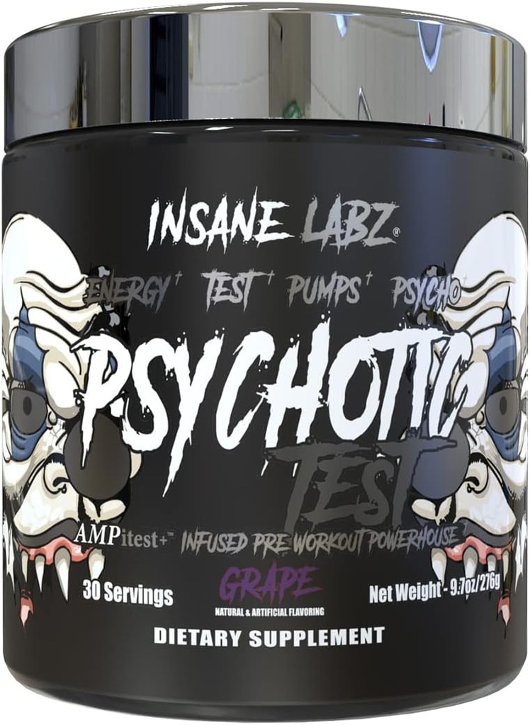 Test psychotique Insane Labz, haute énergie de testostérone et la pompe boostant la poudre de pré-travail avec le Bitartrate DMAE, l'acide D aspartique, la créatine HCL et le monostéarate de glycérol, 30 portions, raisin