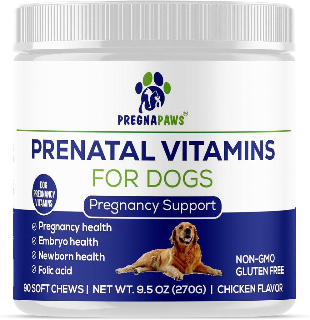 Vitamines prénatales de chien - Soutienne une grossesse en santé, le développement de chiots et l'allaitement - Riche en acide folique, fer et calcium - Supplément prénatal avancé pour chiens enceintes et allaitants - 90 Chews doux