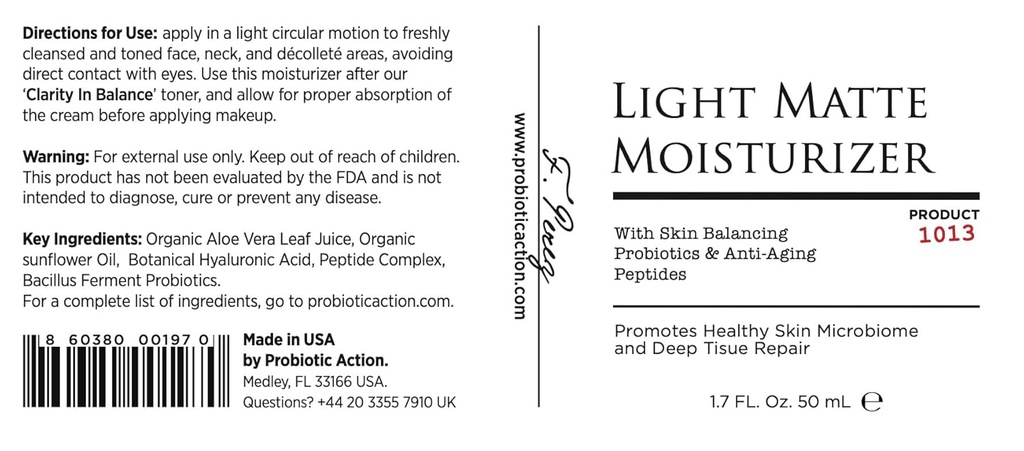Probiotic Action® Light Matte Hydratant - Probiotic aide à prévenir l'acné, la rosacée et l'eczéma. Le Probiotique et le Peptide Maintient l'éclat, la douceur et l'étanchéité de la peau claire.