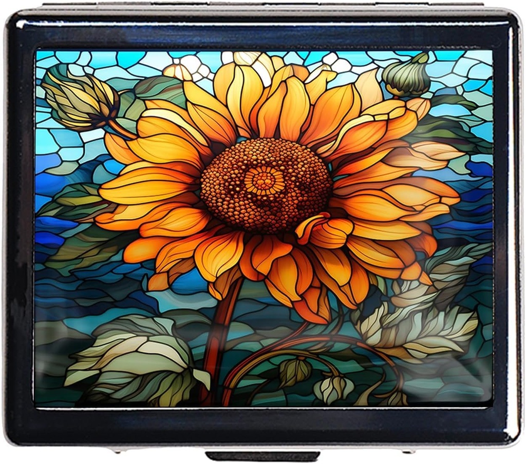 7 Jours Chromed Silver Pill Organizer with Mirror Inside Has 8 Compartiments séparés Rectangle 7 Jours Pill Box Pill Case (Sunflower Stained Glass)