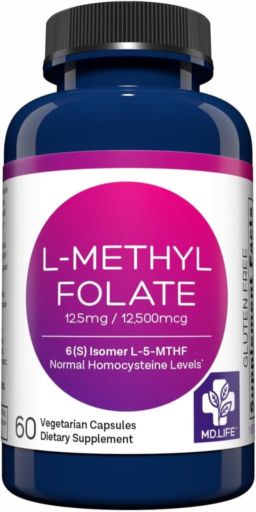 MD Life L-méthylfolate 12,5 mg Supplément - Supplément de méthylfolate actif de catégorie professionnelle - 60 capsules - L-méthylfolate 12,5 mg - Potence maximale MTHFR W/acides aminés essentiels